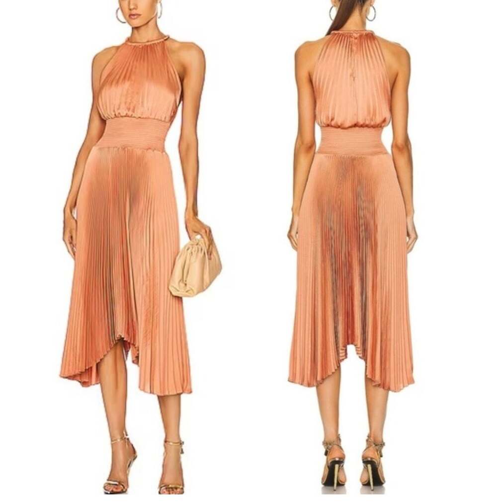 A.L.C. Renzo II Pleated Midi Dress Size 6 Halter Smocked Waist Burnt Terracotta